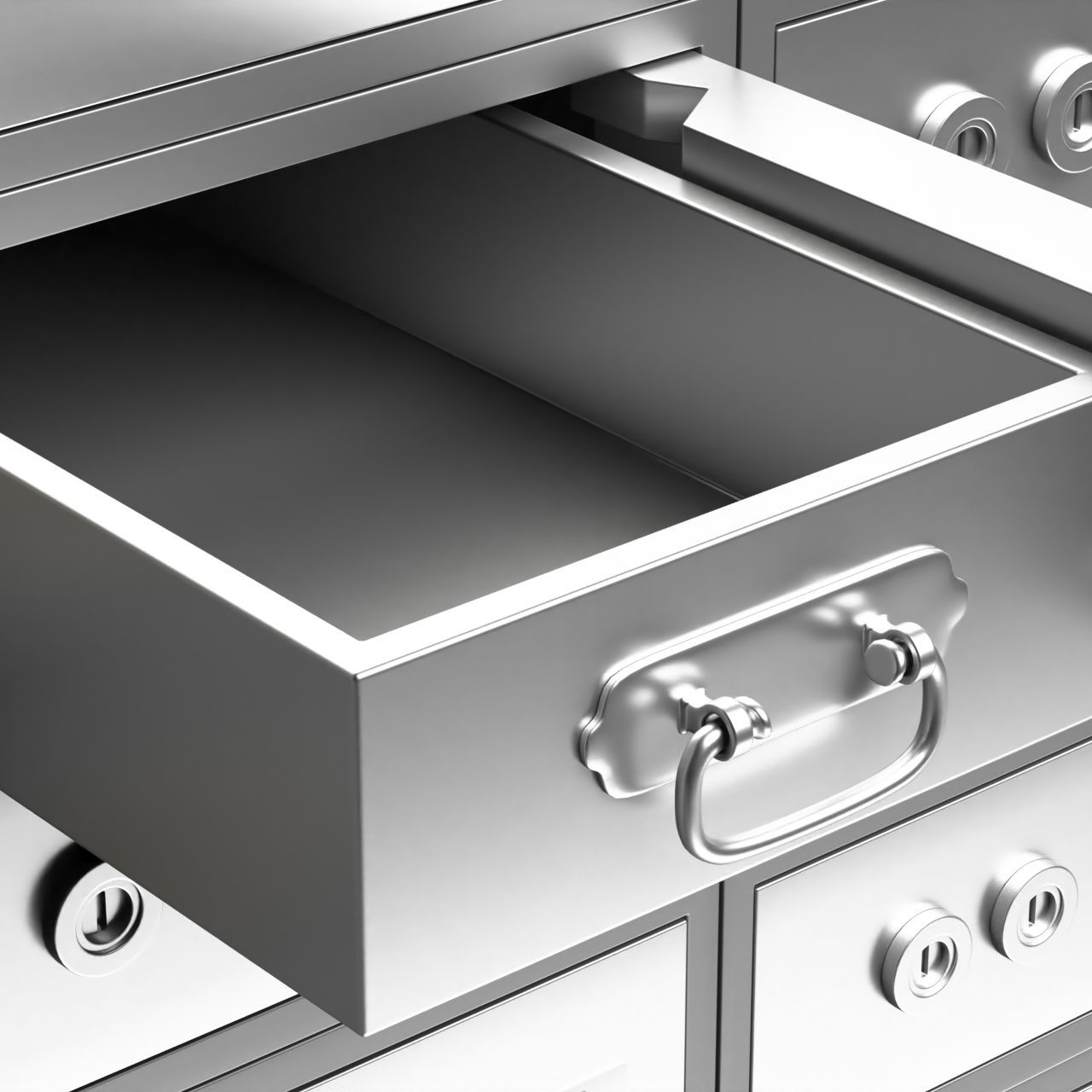 Safe deposit box closeup. Open unlock metal bank locker and empty drawer, valuables and jewels safekeeping concept. 3d illustration